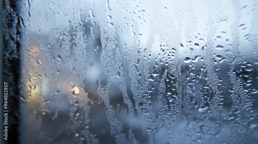 Poster icy rain creating patterns on window, with droplets forming beautiful texture. blurred background ad