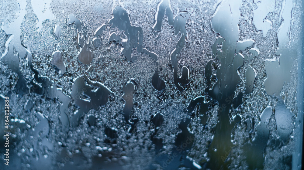 Poster icy rain creating patterns on window, freezing droplets forming intricate designs.