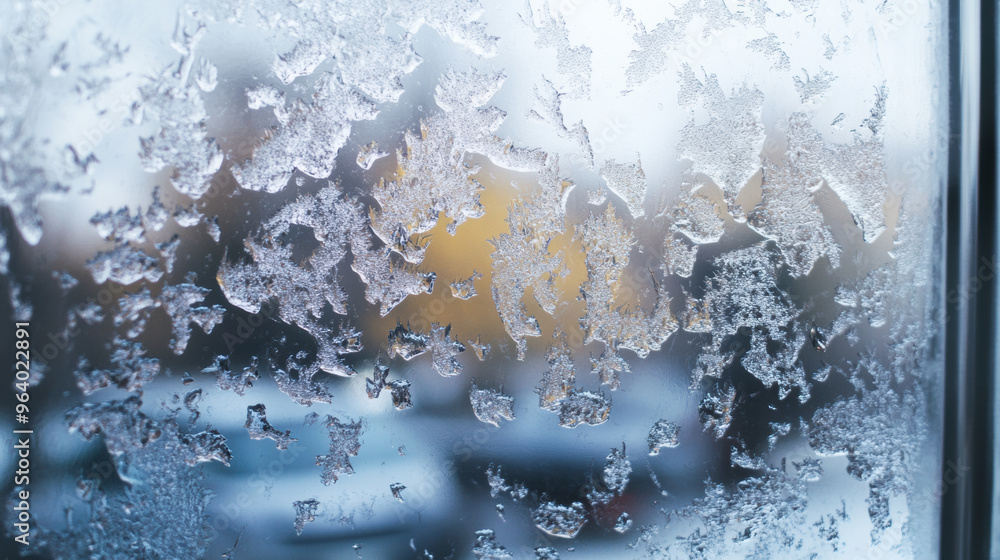 Poster icy rain creating patterns on window, freezing view outside. intricate frost adds touch of beauty to
