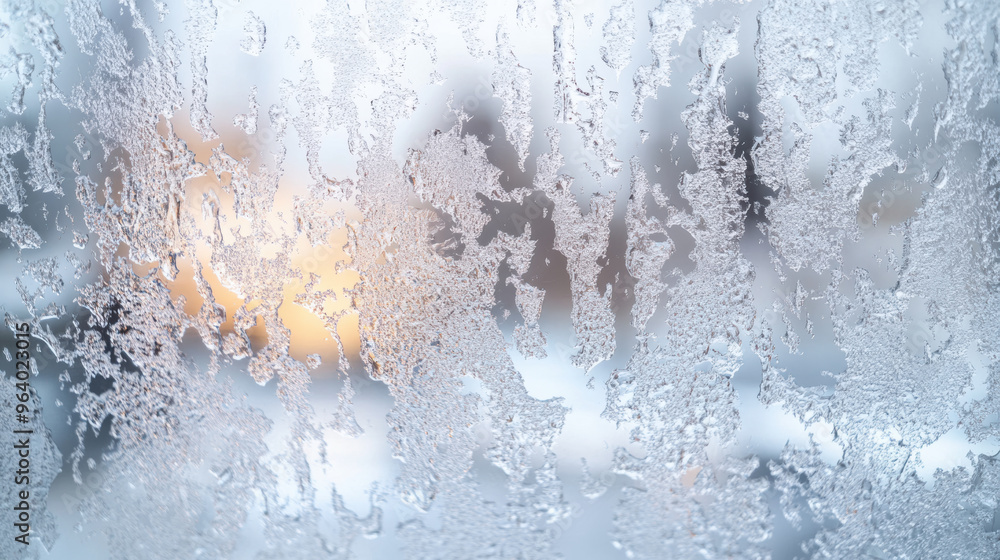 Poster icy rain creating patterns on window, freezing view outside. blurred background adds serene atmosphe