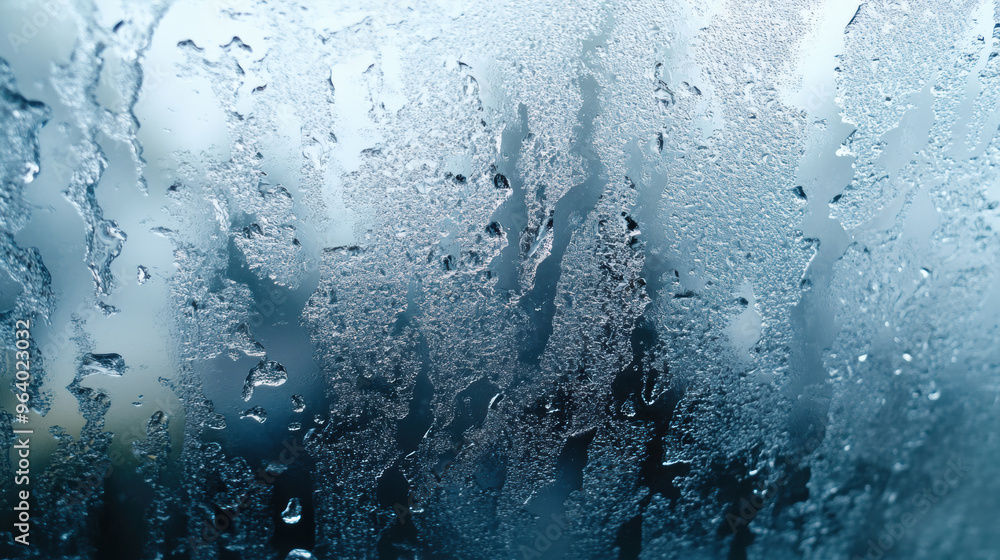 Poster icy rain creating patterns on window, with droplets forming intricate designs. scene evokes sense of