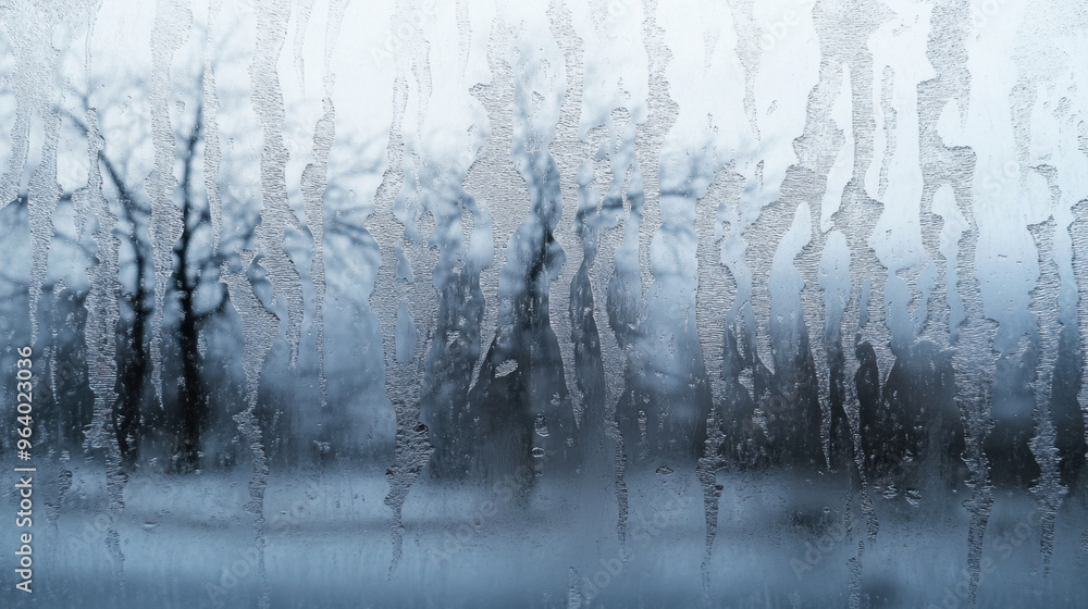 Poster icy rain creating patterns on window, with blurred trees in background, evokes serene winter atmosph