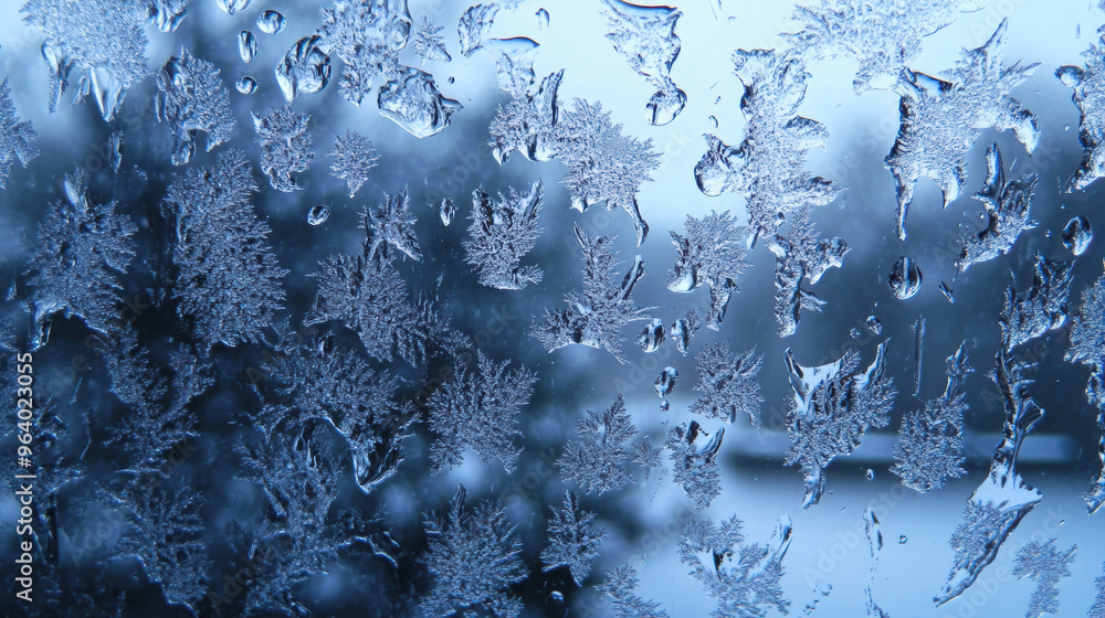 Poster icy rain creating patterns on window, showcasing intricate frost designs and serene winter atmospher
