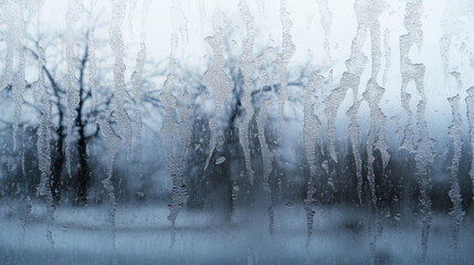 Fototapeta premium Icy rain creating patterns on window, with blurred trees in background, evokes serene winter atmosphere.