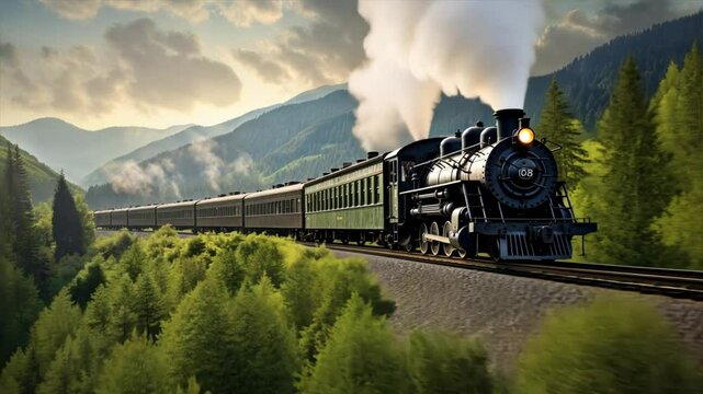 A vintage steam locomotive traveling along a scenic railroad track	