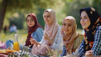 A group of friends, including Middle Eastern, Asian, and European women, enjoy a picnic in the park