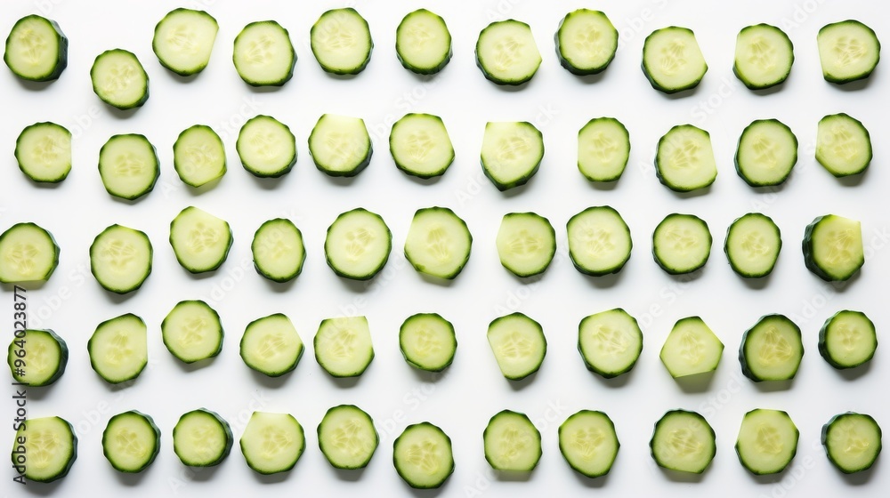 Aufkleber freshly sliced cucumbers arranged neatly on a white surface for salad preparation