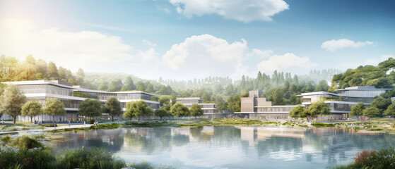 Obraz premium Eco-Sustainable Corporate Campus by the Lake