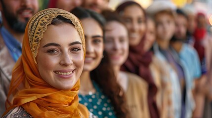 Naklejka premium A multicultural group, including Middle Eastern, Asian, and European individuals, attend a cultural festival together