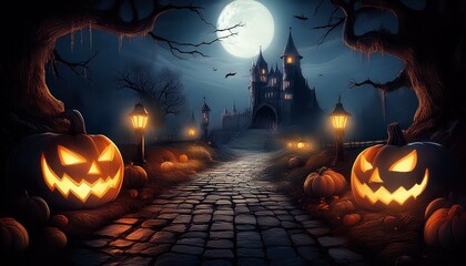 ハロウィンの夕闇で不気味に輝くジャックオーランタン