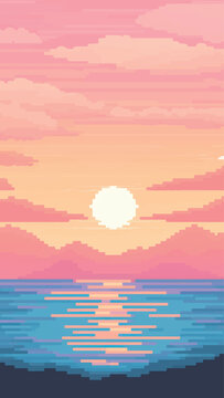 Pixelated sunset over calm ocean