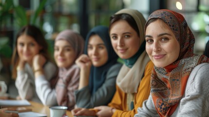 Obraz premium Friends from different backgrounds, including Middle Eastern, Asian, and European women, gather for a book club meeting