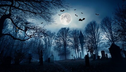 コウモリが舞う夜の森の墓、ハロウィン背景