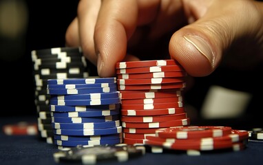 Naklejka premium Winning Poker Hand - Royal Flush Revealed with Stacked Chips on Table