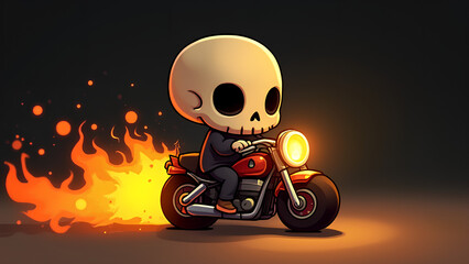a small adorable humanoid figure with a skull head riding a miniature motorcycle front headlight and the flames