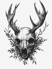 A detailed illustration of a deer skull with antlers, surrounded by intricate plants, embodying nature's beauty and mystery.