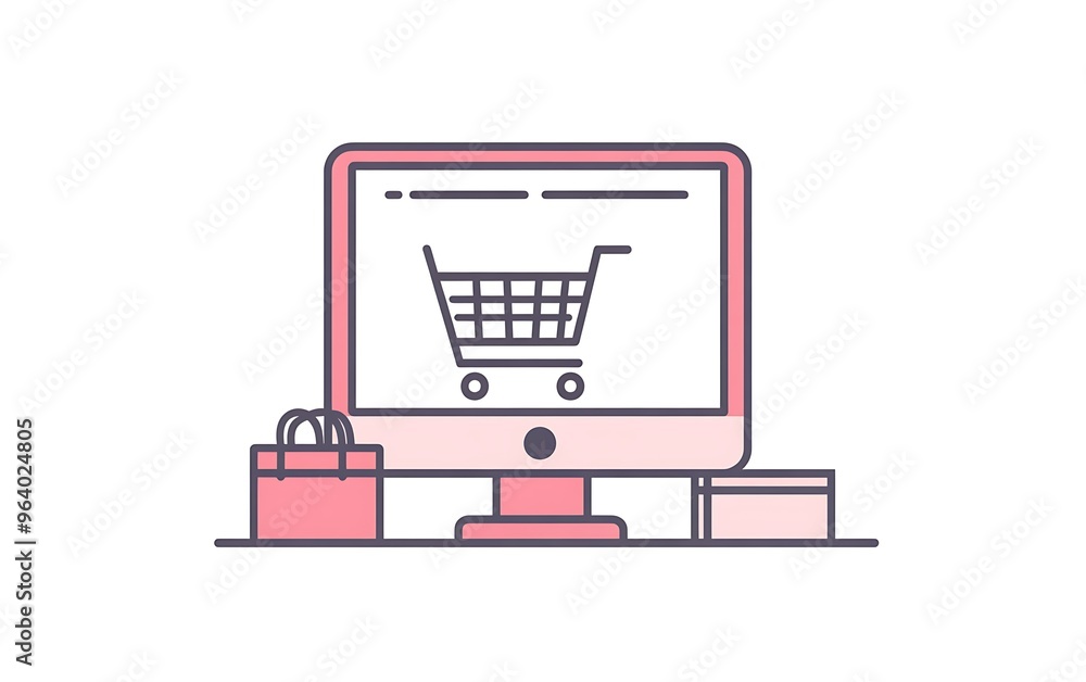 Poster modern shopping cart icon with online store computer screen - minimalist e-commerce design concept