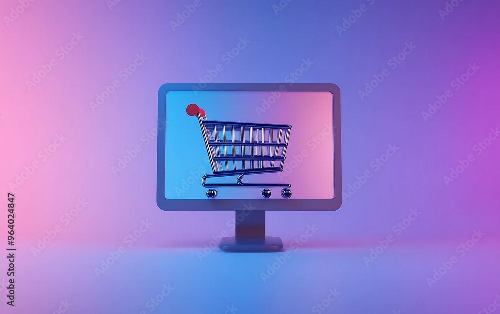 Poster modern minimalist online shopping icon with computer screen and cart elements