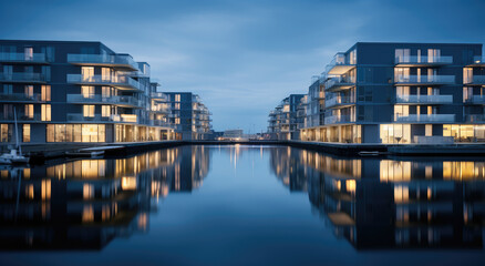Tranquil Waterfront Living: Modern Apartments at Twilight