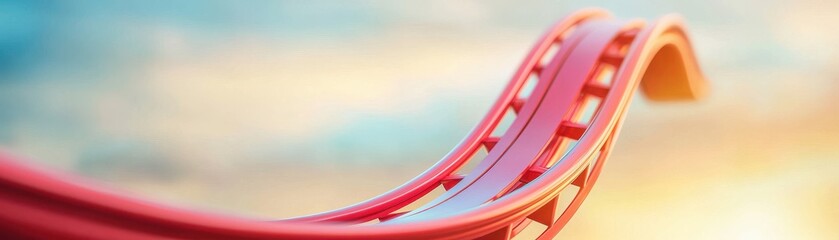 A vibrant roller coaster track curves under a colorful sky, inviting thrill-seekers to experience the excitement of amusement parks.