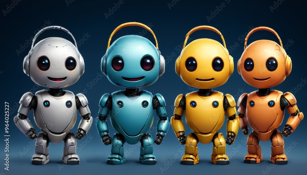 Poster a group of four colorful robots with big eyes and headphones stand in a row. each robot is distinct 