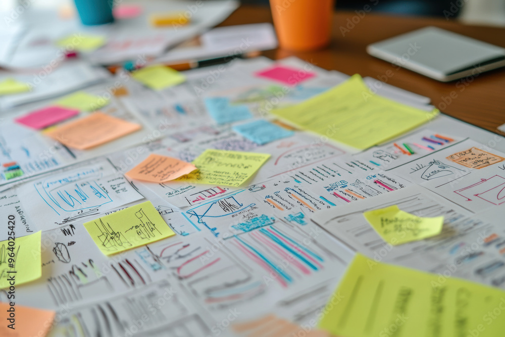 Poster brainstorming with sticky notes and charts on table, showcasing creativity and organization.