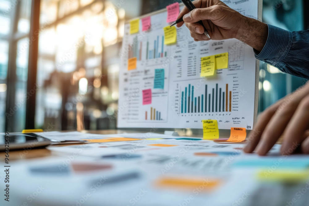 Poster brainstorming business plans with sticky notes and charts, showcasing data analysis and strategy dev