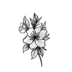 Fototapeta premium A detailed black and white illustration of a blooming flower with intricate petals and leaves, perfect for nature-themed designs.