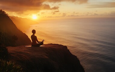 Serene Sunset Yoga on Cliff Overlooking Ocean | Embracing Holistic Restoration of Body and Mind