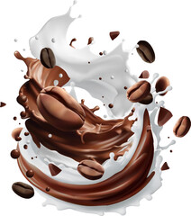 Milk coffee splash with Coffee Bean falling, 3d vector.Mesh gradient wes used
