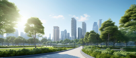 Fototapeta premium Urban Oasis: Green Park Amidst City Skyscrapers