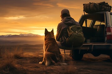 Man with backpack and dog sitting on top of the mountain at sunset with car