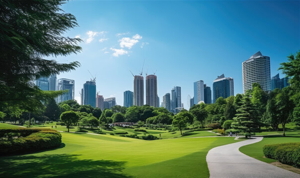 Serene City Escape: Green Golf Oasis Amidst Skyscrapers