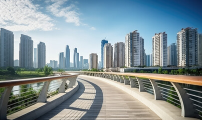 Fototapeta premium Urban Oasis: Serene City Promenade Amidst Skyscrapers