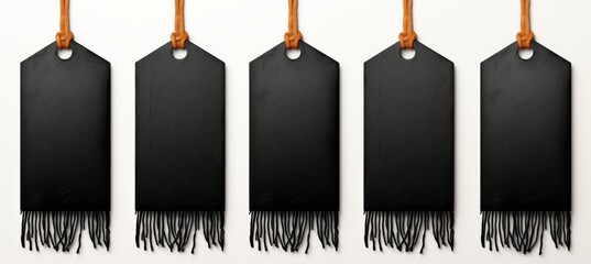 Empty black tags with fringe hanging on a wall for crafting or labeling projects during daylight
