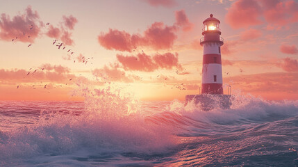 red a d White lighthouse with waves splashin against it, image with copyspace