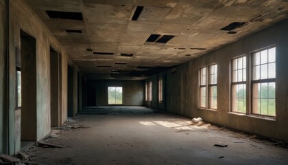 Sunlight streams through the windows of an abandoned building, illuminating the decaying interior. The open space, with its damaged ceiling and scattered debris, evokes a sense of quiet desolation and