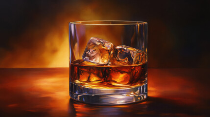 A glass of whiskey on the rocks, with ice cubes clinking and a warm amber glow.