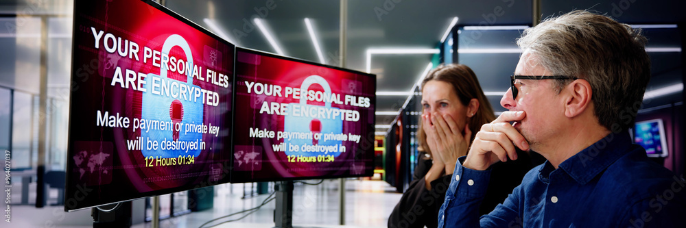 Aufkleber ransomware malware attack. business computer hacked