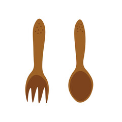Simple wooden fork and spoon doodle illustration, minimalistic design with decorative dots
