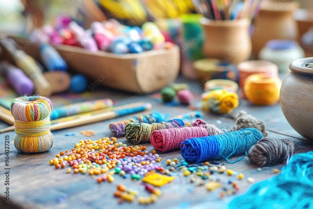 Poster a table with a variety of colorful yarns and beads. the table is cluttered with different colored th