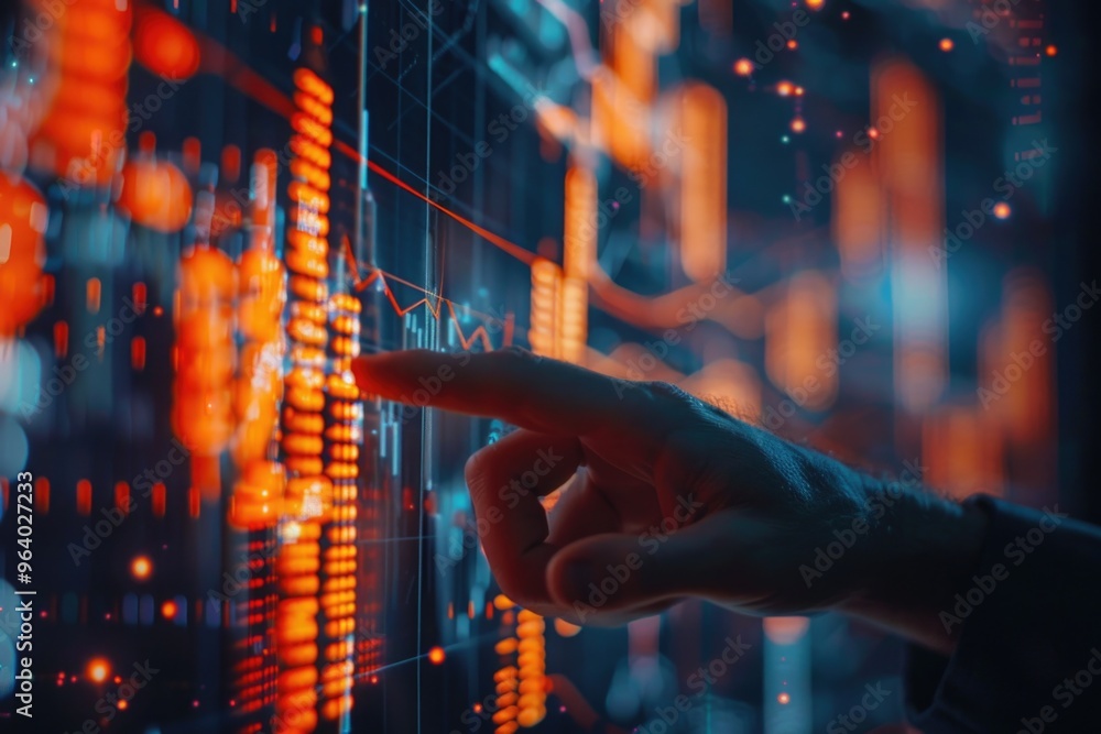 Poster a hand pointing at a graph with orange lines. the graph is showing a downward trend. scene is seriou