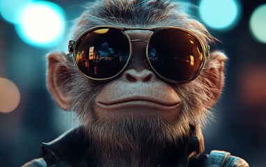Stylish Close-Up of Cool Wukong Wearing Modern Sunglasses in Urban Setting