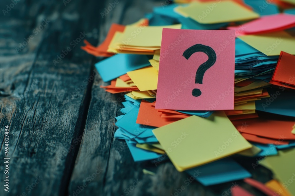 Poster a pile of colorful sticky notes with a black question mark on one of them