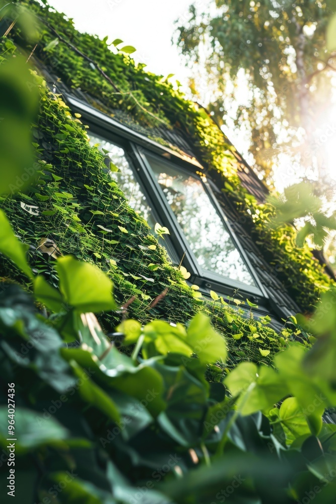Poster a building covered in green ivy and leaves. the ivy is growing up the side of the building and cover