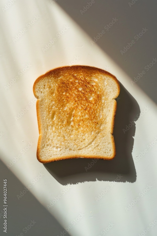 Poster a slice of toast is toasted and has a browned crust. the toast is sitting on a white surface, with a