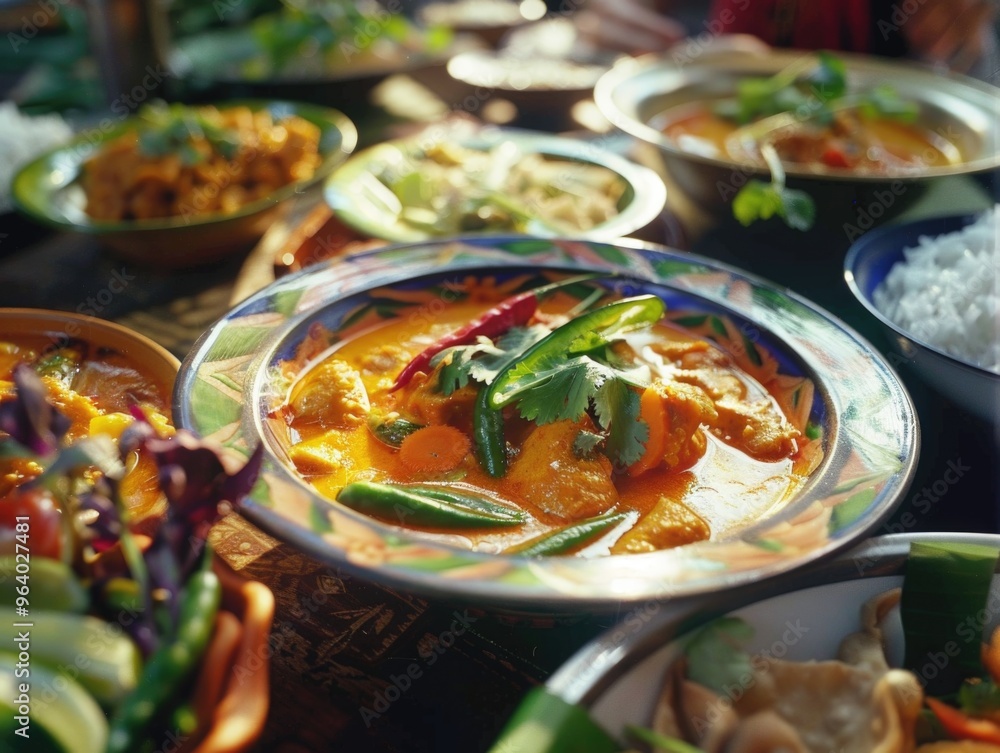 Poster a table full of food with a bowl of curry in the middle. the table is set for a meal with a variety 