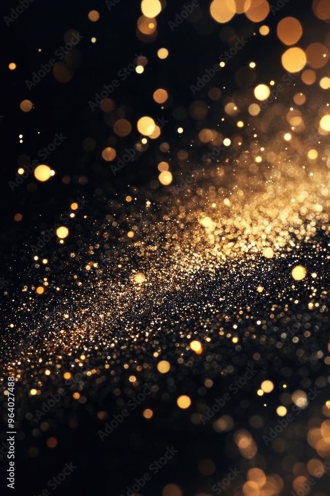 Poster a black and gold background with a lot of sparkles. the sparkles are scattered all over the backgrou