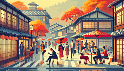 People holding umbrellas in rainy Kyoto. Vector illustration.