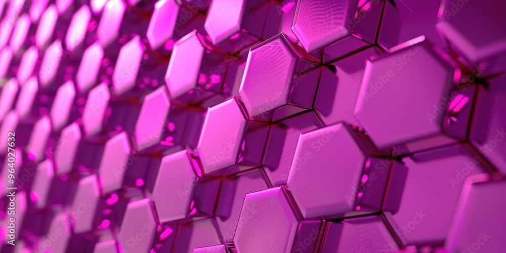 Poster a close up of a pink background with many hexagonal shapes. the shapes are metallic and shiny, givin
